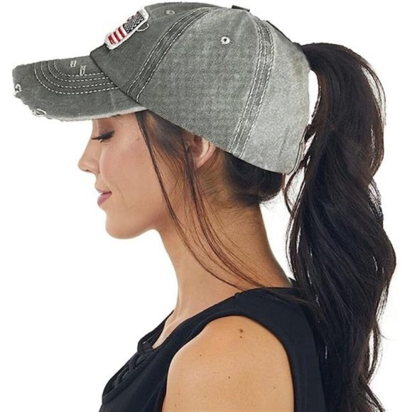 Distressed Ponytail Hat for Women American-Flag Pony Tail Caps High Bun - Picture 4 of 6